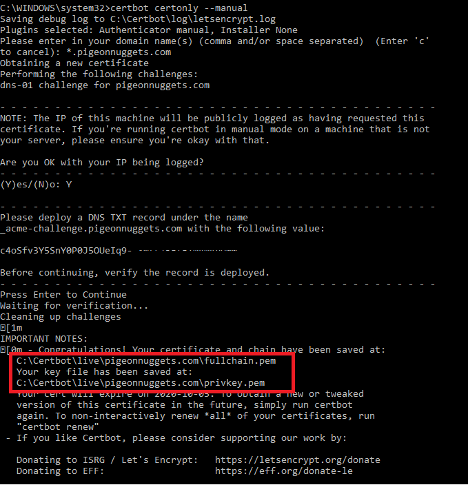 Create Certbot Wildcard certificate. alt text